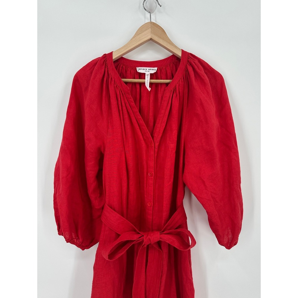 Apiece Apart Mitte Chili Red Linen Button Front Shift Midi Dress Belted Size 4 - Picture 2 of 8